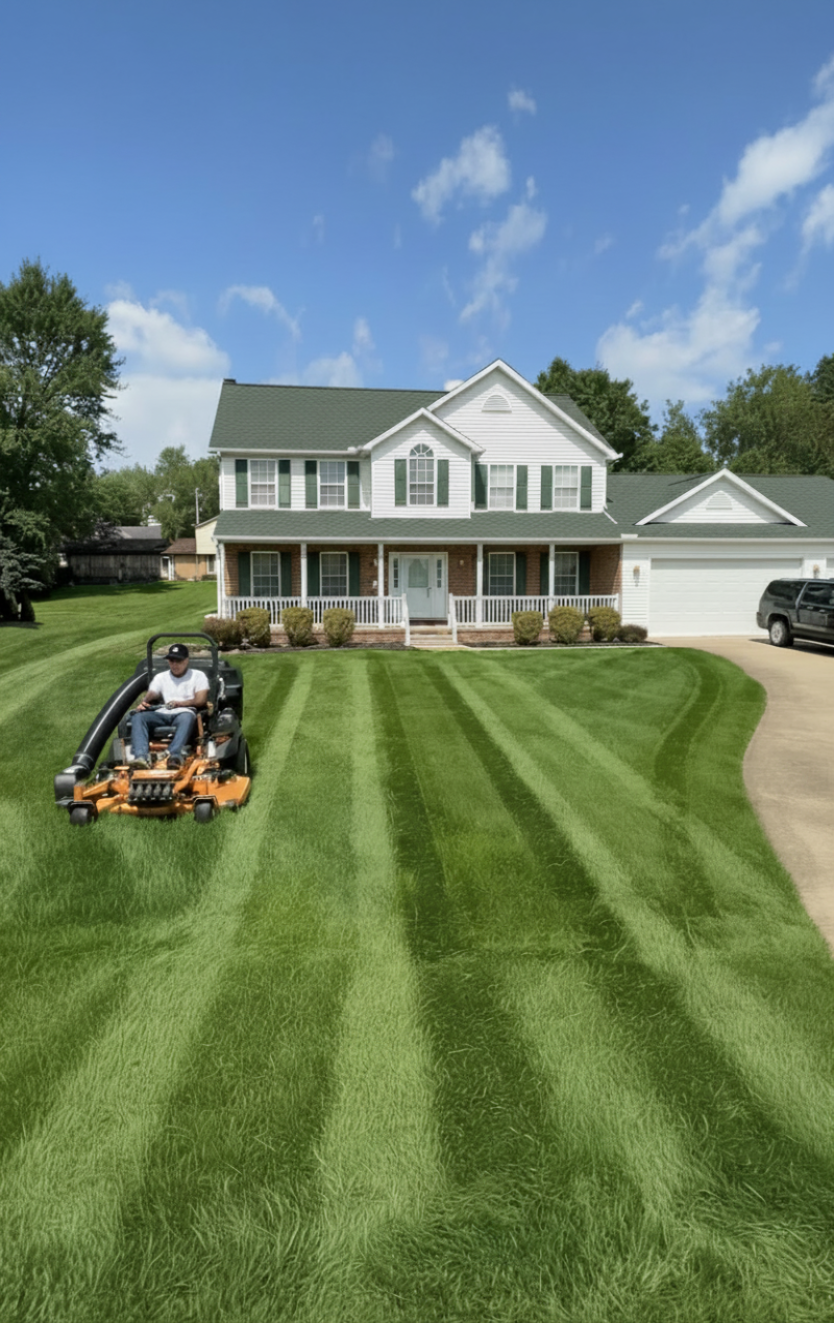Freshly mowed residential lawn with clean striping