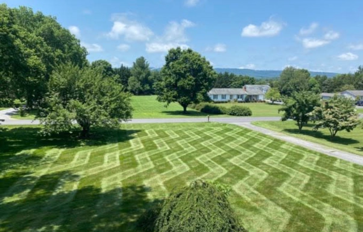 Neatly edged lawn along a driveway and flower beds